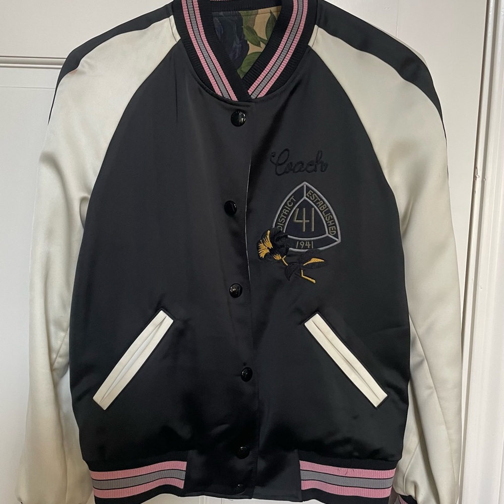 Coach Black and Cream Reversible Satin Bomber Jacket with Pink Trim Accents